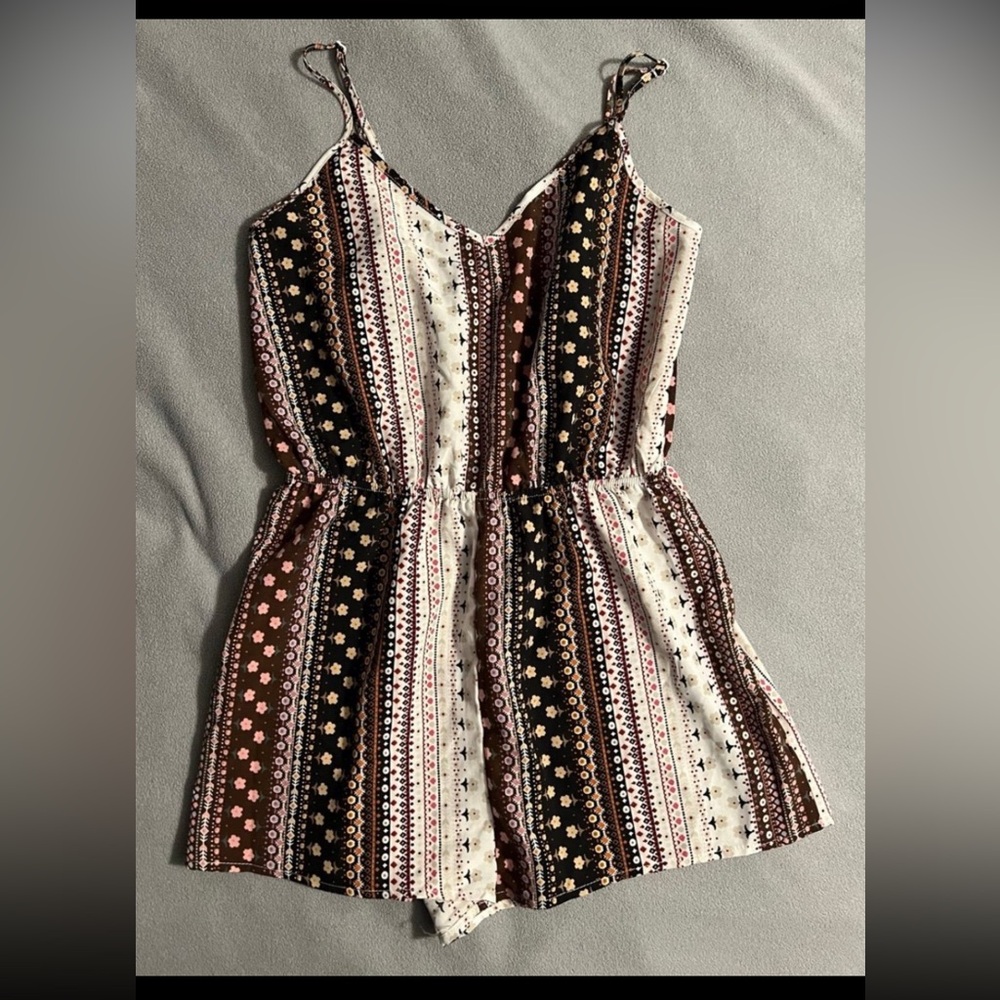 SHEIN Pink Brown White Floral Stripe Spaghetti Romper